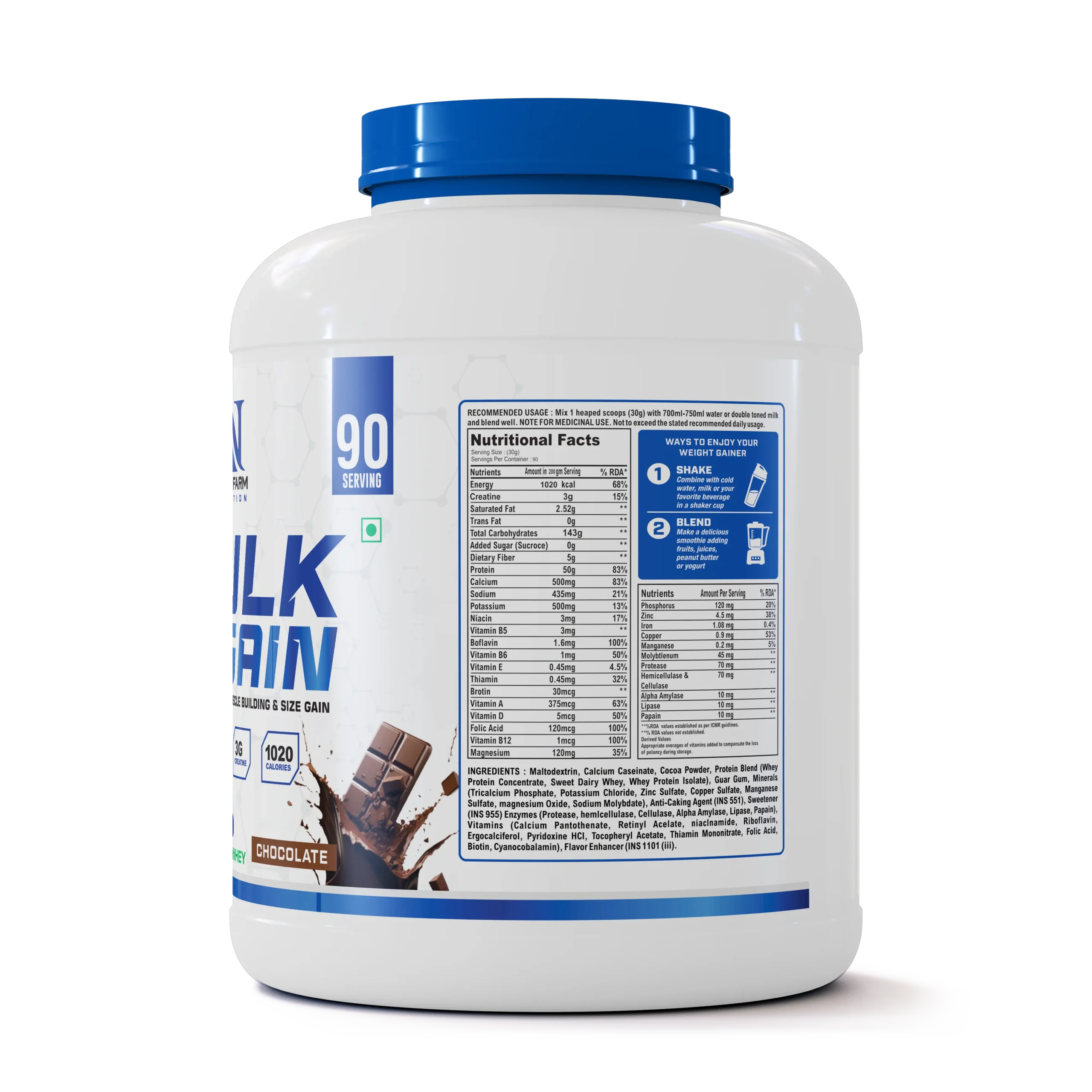 Greek Farm Nutrition Bulk Gain Mass Gainer - Chocolate (2.7kg) With Bag & Shaker - Image 3