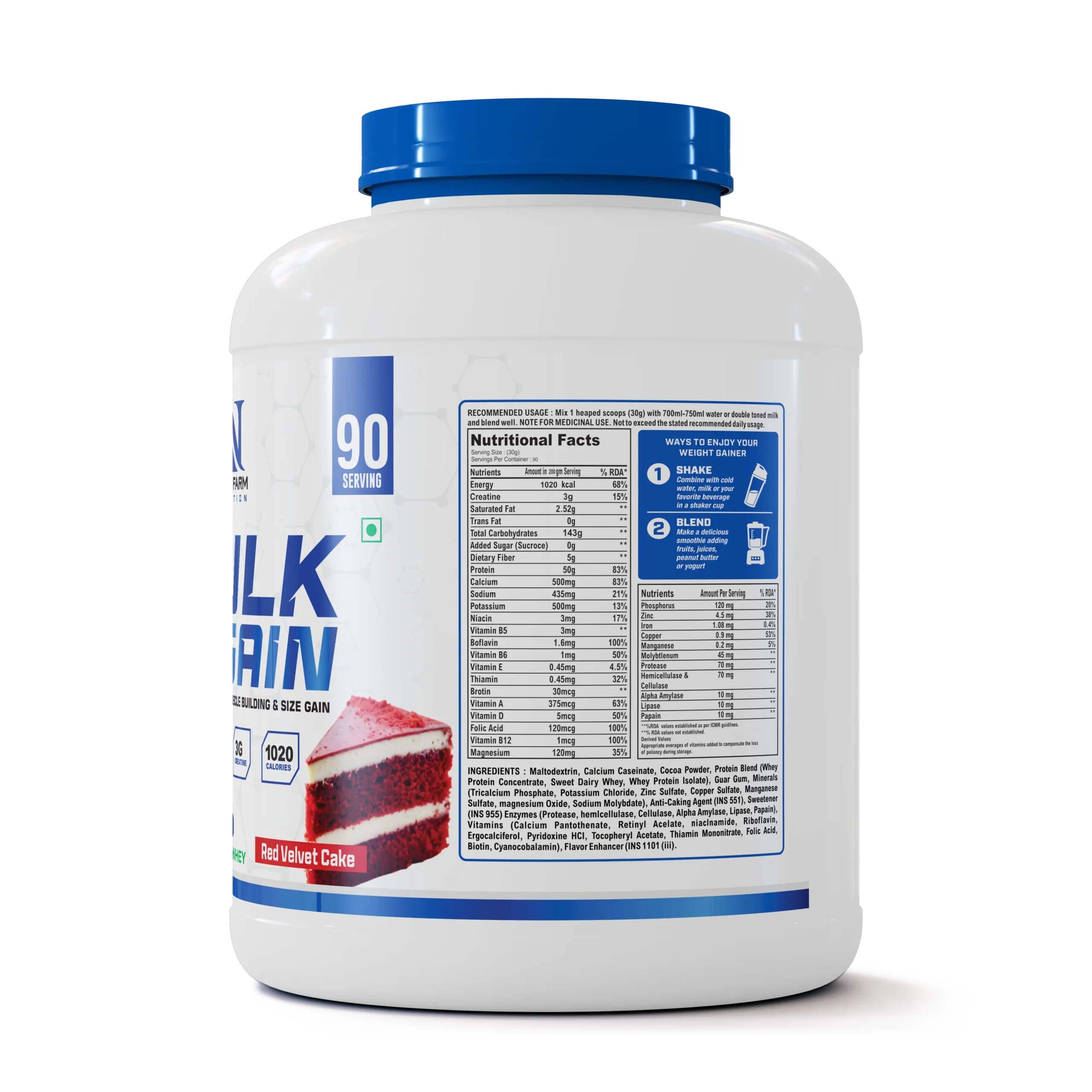 Greek Farm Nutrition Bulk Gain – Mass Gainer (Red Velvet Cake, 2.7kg / 6 lbs)With Bag & Shaker - Image 2