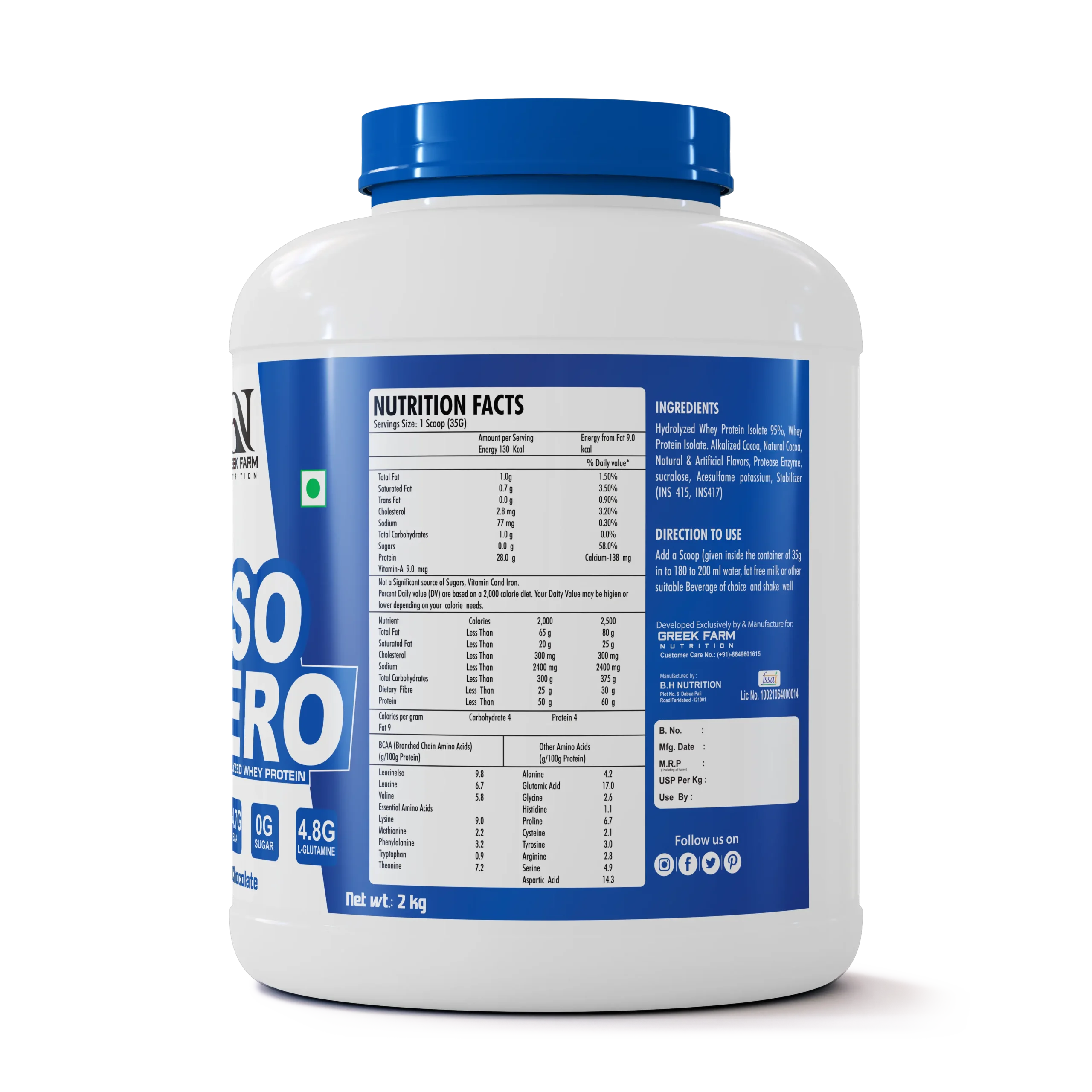Greek Farm Nutrition ISO Zero – 100% Hydrolyzed Whey Protein (Chocolate, 2kg) With Bag & Shaker - Image 2