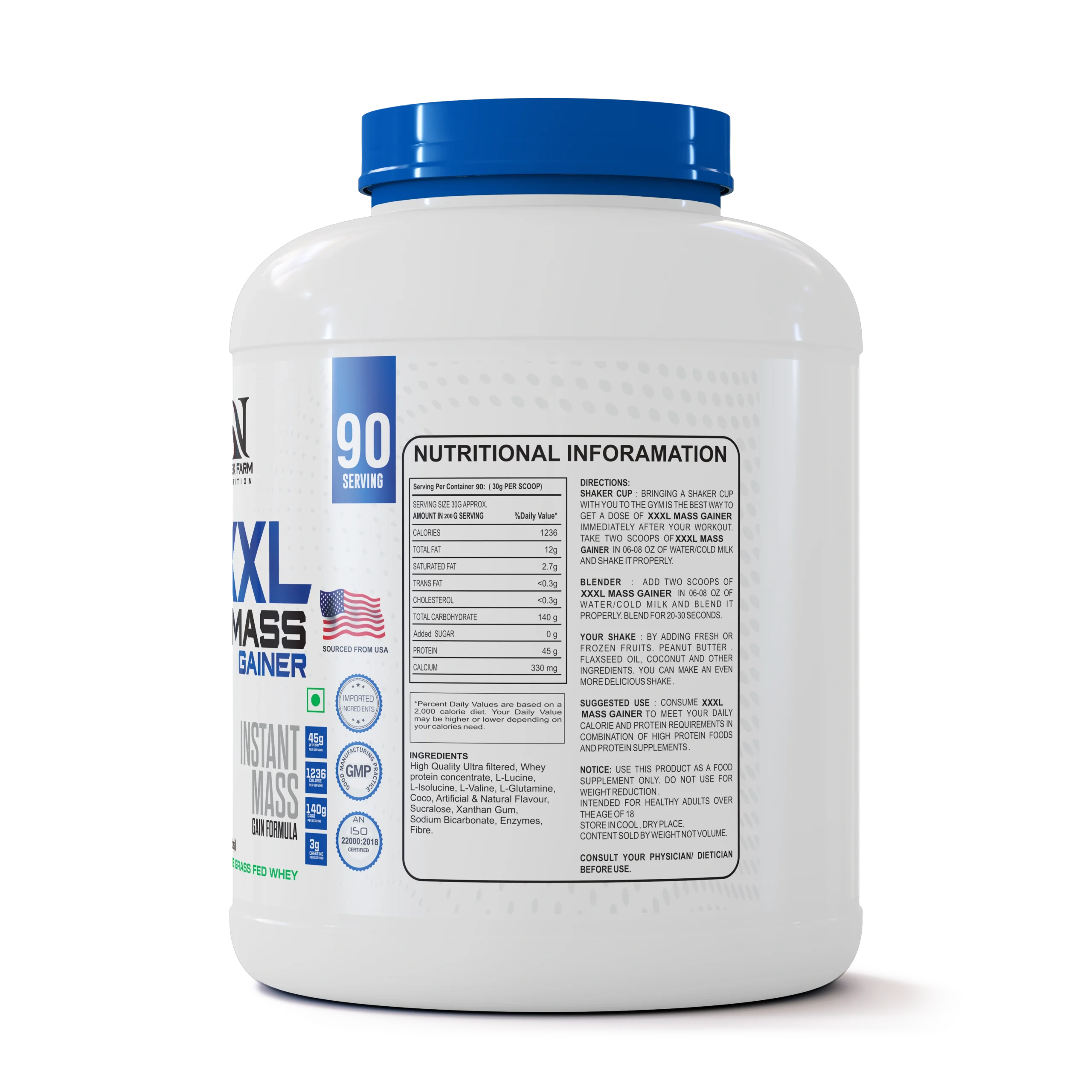 Greek Farm Nutrition XXXL Mass Gainer – Chocolate (6 lbs / 2.7 kg)With Bag & Shaker - Image 2